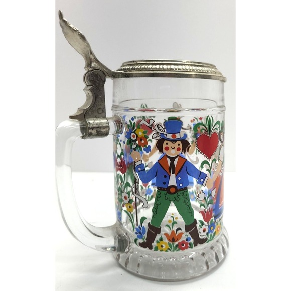 West Germany Beer Stein Glass w Pewter Lid‎ German Folk Dancing Couple Hearts - Picture 2 of 11